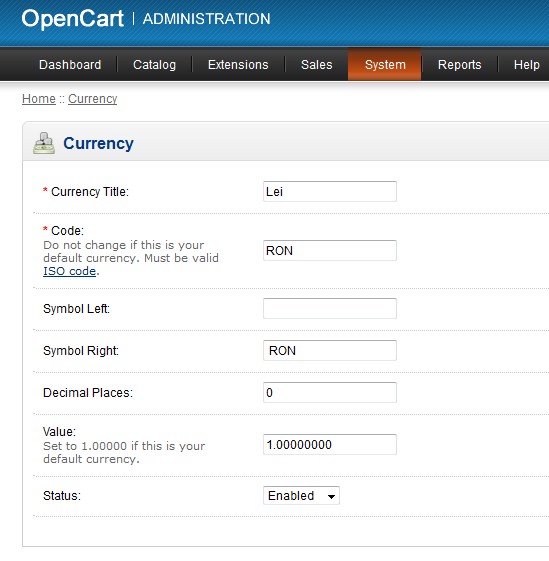 opencart ron lei currency