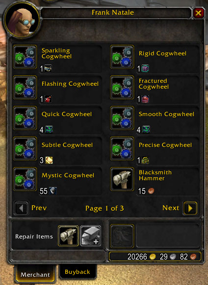 Items needed for Cogwheel gems in WoW?