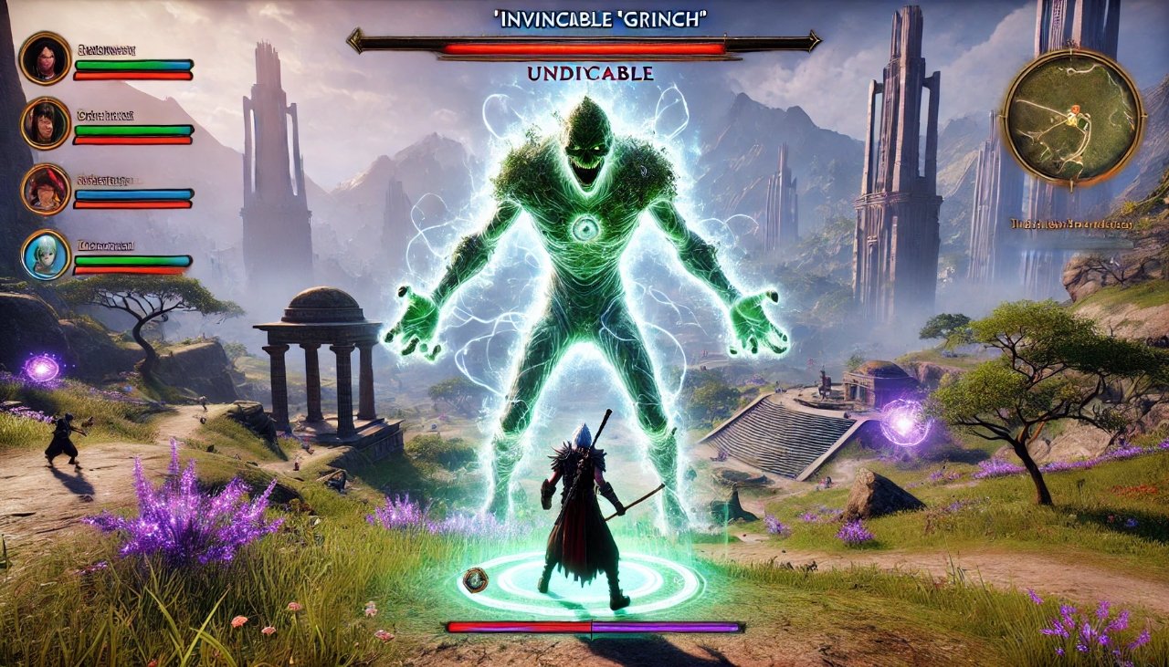 A detailed depiction of Grinch The Undying Glitch in a video game setting, illustrating the glitch's effects.