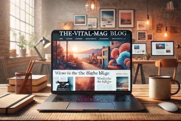 A laptop screen showing a modern blog interface for The-vital-mag.net Blog, set in a cozy creative workspace.