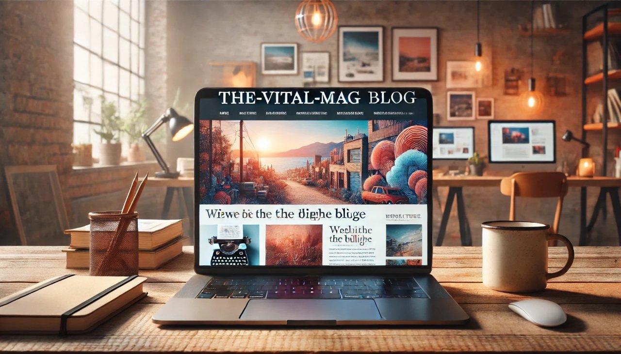 A laptop screen showing a modern blog interface for The-vital-mag.net Blog, set in a cozy creative workspace.