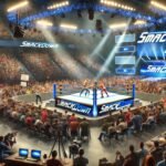 A vibrant wrestling match from WWE SmackDown Episode 1491 with an excited crowd and bright arena lights.