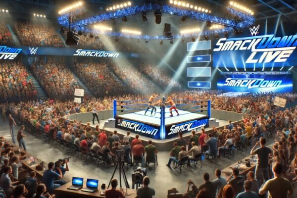 A vibrant wrestling match from WWE SmackDown Episode 1491 with an excited crowd and bright arena lights.