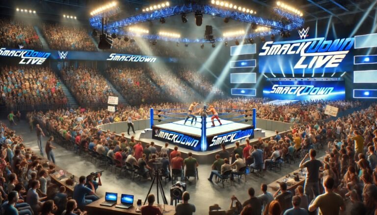 A vibrant wrestling match from WWE SmackDown Episode 1491 with an excited crowd and bright arena lights.