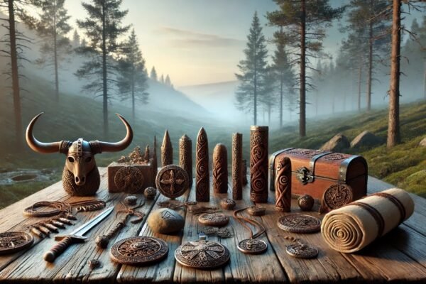 Depiction of ancient Scandinavian artifacts and symbols of Ovestæ heritage