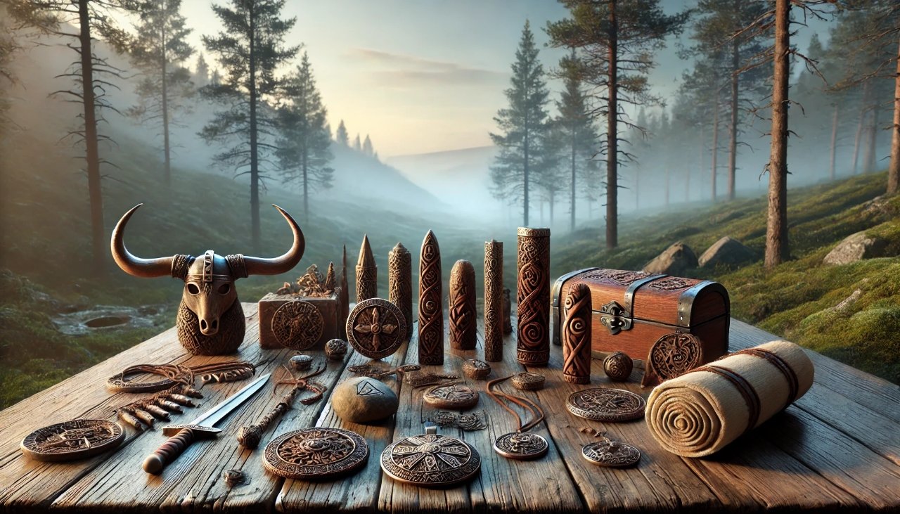 Depiction of ancient Scandinavian artifacts and symbols of Ovestæ heritage