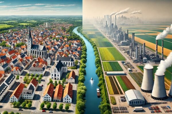 Dorsten vs Fresno pollution comparison with clean, green areas in Dorsten and smoggy, industrialized Fresno.