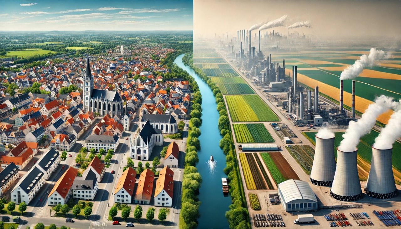 Dorsten vs Fresno pollution comparison with clean, green areas in Dorsten and smoggy, industrialized Fresno.