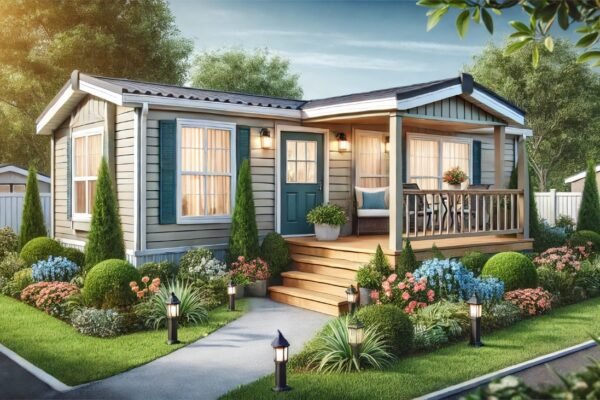 Upgraded mobile home exterior with modern siding, porch, and landscaping - https// mobilehomeexteriors.com