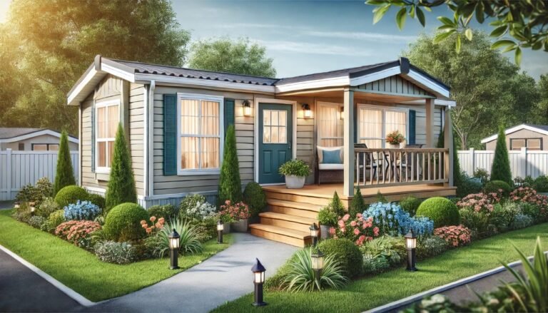 Upgraded mobile home exterior with modern siding, porch, and landscaping - https// mobilehomeexteriors.com